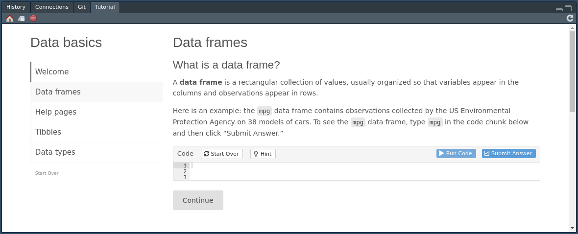 Data basics tutorial running in the pane